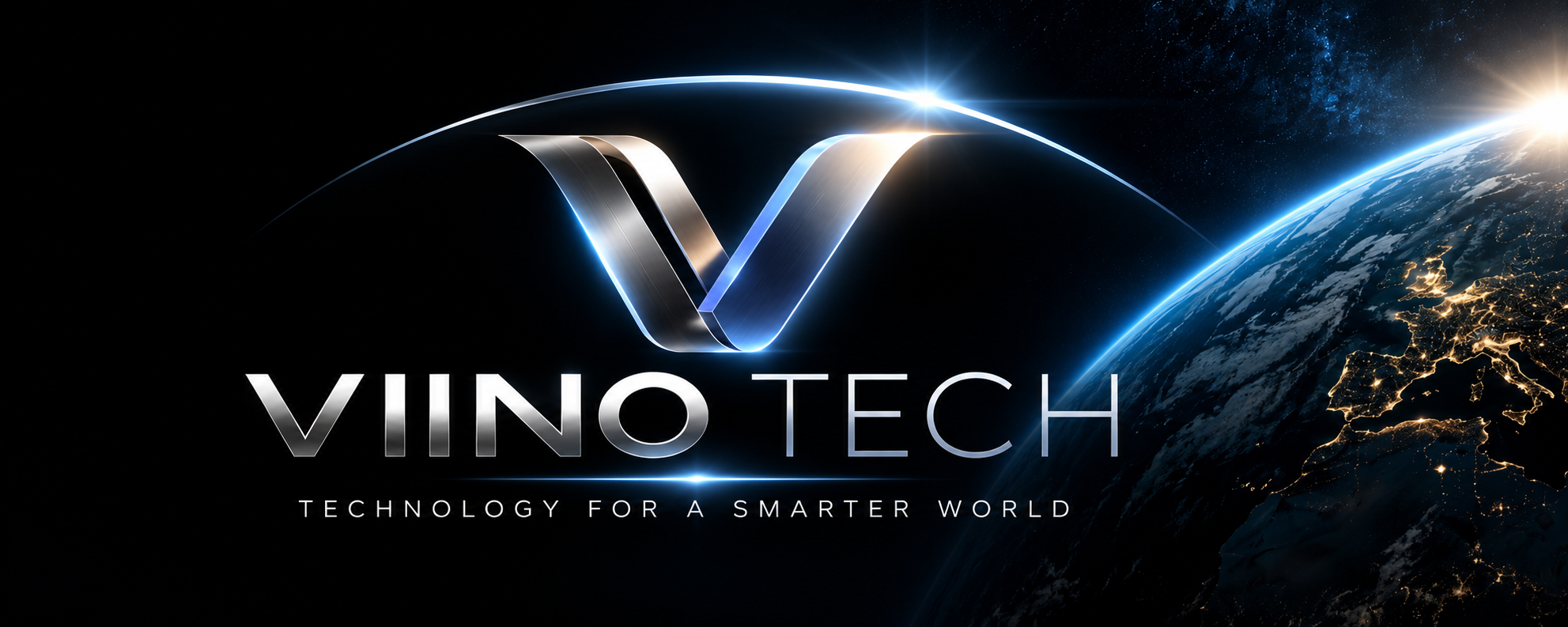 VIINO TECH — TECHNOLOGY FOR A SMARTER WORLD. Original metallic V logo, silver lettering and blue orbital arc above Earth.